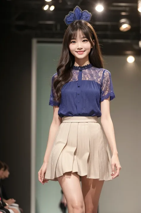 Amazingly large eyes、Smiling face、H cup bust、50cm waist、Slender and fair-skinned、Japan woman with long hair、20-year-old、Slim figure、Wearing a vivid pleated skirt and a sheer lace blouse、Wearing high heels。On the runway at a fashion show、Her whole body was ...