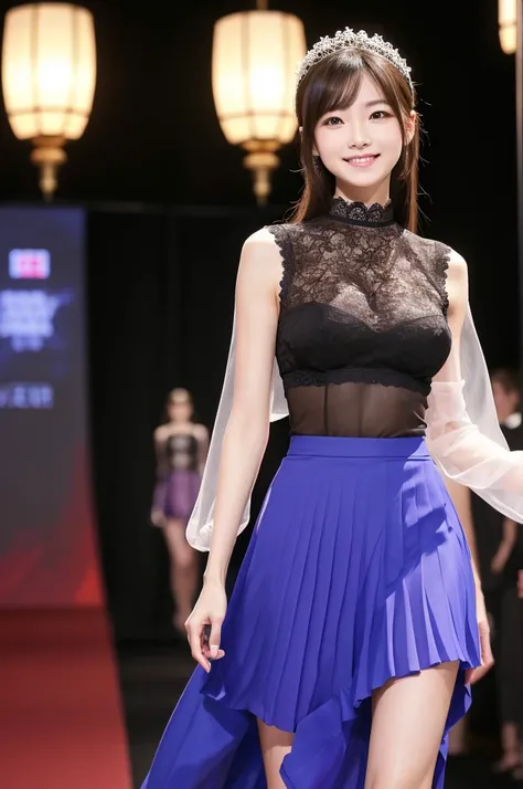 Amazingly large eyes、Smiling face、H cup bust、50cm waist、Slender and fair-skinned、Japan woman with long hair、20-year-old、Slim figure、Wearing a vivid pleated skirt and a sheer lace blouse、Wearing high heels。On the runway at a fashion show、Her whole body was ...