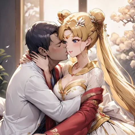 ((Highest quality)), ((masterpiece)), (detailed), （Perfect Face）、The woman is a Chinese woman named Tsukino Usagi, wearing a gorgeous and glittering red wedding dress made of Hanfu with lots of gold embroidery, a gorgeous hair ornament, gorgeous jeweled ac...