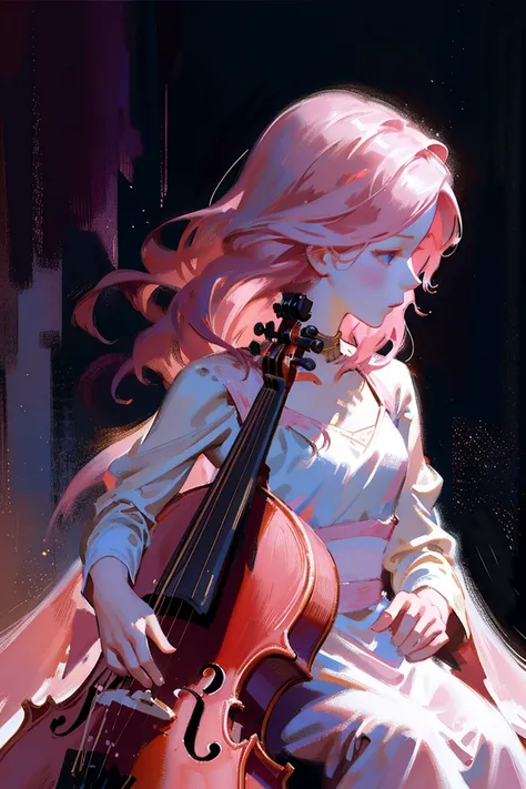 detailed full body portrait，(Picture of a girl playing the cello), White Dress Andy Jurgens (mandy jurgens) A realistic painting was created, Perverted, Figurative art, Detailed Description, Realistically, Artwork, Contour， View from the side， Simple Backg...