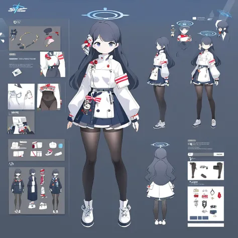 Game Character Concept Art, modern design, blue archive style, Side-trimmed dress, various decorations, black full body stockings,