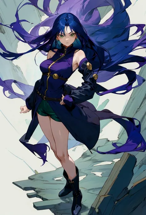 anime woman long dark blue hair, Green Eye, cold purple clothes, loose clothing, mini short,Black boots, pose, shoulders showing, pin on display, fully body