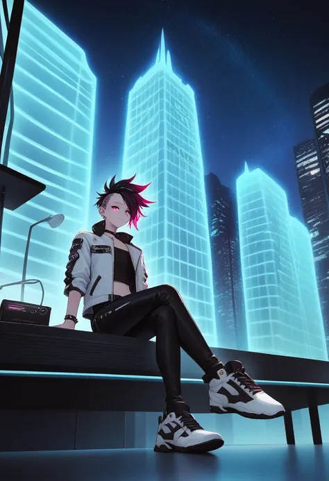 nsfw,An incredibly absurd absolute solution, Ultra-detailed, Official Art, 8k wallpaper, Tabletop, (cyber punk:1.2), (Neon lighting;1.4), whole body, (Glowing Building:1.5), Starry Sky,
break is a white leather jacket, Black leather pants,
break
(Multicolo...