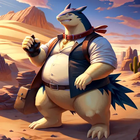 Male, fat, extremely obese, gentleman, dapper, Typhlosion, blue eyes, (posing:1.3), (soft shading), 4k, hi res, ((detailed face, detailed)), looking at viewer, evil grin, desert, cactus, shirt, top hat, male focus, Explorer Outfit, glasses, monocle, bag, v...