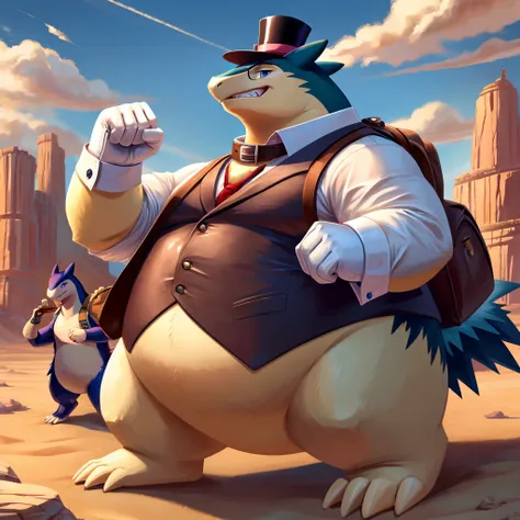 Male, fat, extremely obese, gentleman, dapper, Typhlosion, blue eyes, (posing:1.3), (soft shading), 4k, hi res, ((detailed face, detailed)), looking at viewer, evil grin, desert, cactus, shirt, top hat, male focus, Explorer Outfit, glasses, monocle, bag, v...