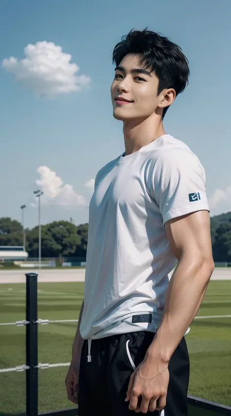 (As a matter of fact, Masterpiece, 8k HD, good light quality, sportswear, fit the face, complicated details), A handsome, muscular young Korean man. , 20 years old, be happy, smile brightly, detailed face, delicate eyes, มองดูsky, Wear casual clothes, peri...