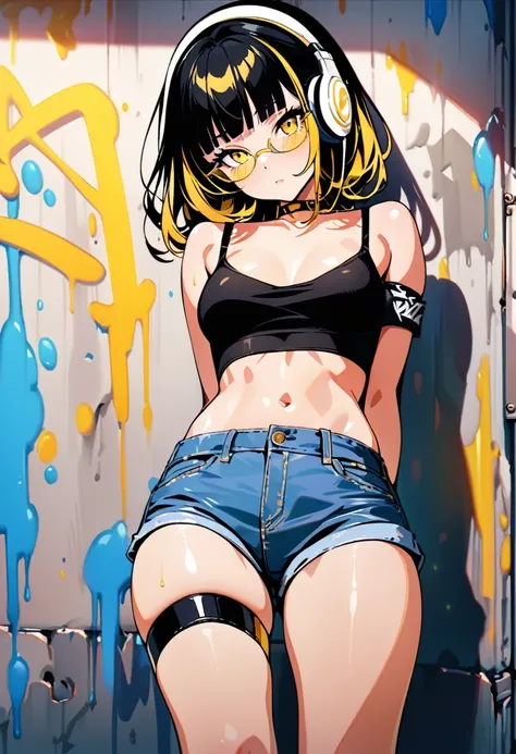 ((top-quality)), ((​masterpiece)), ((ultra-detailliert)), (extremely delicate and beautiful), Digital art, 1girl, solo, crop top, BREAK (((yellow glasses:1.3))), (headphone:1.2), shiny hair, black short hair, blunt bangs, lustrous skin, denim shorts, choke...