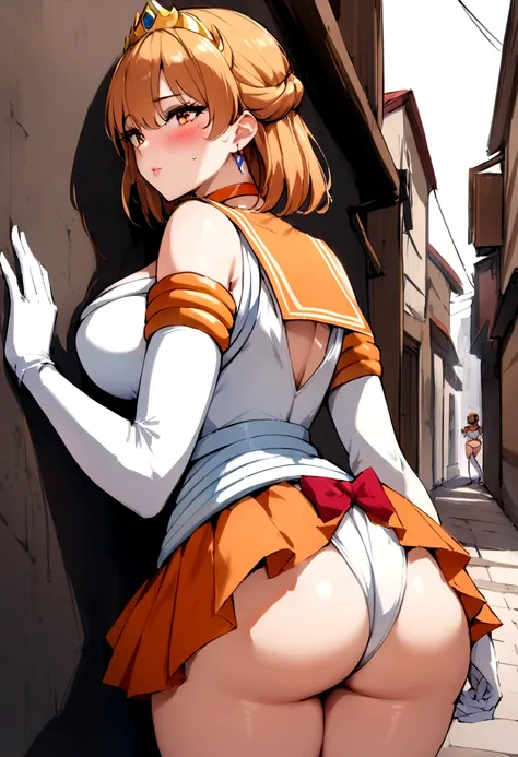 masterpiece, best quality, highres, sv1, sailor senshi uniform, elbow gloves, tiara, red bow, orange choker, orange sailor collar, white gloves, jewelry, white leotard, outdoors, street, cowboy shot, ass, from behind, perfect face, perfect eyes, lips, blus...