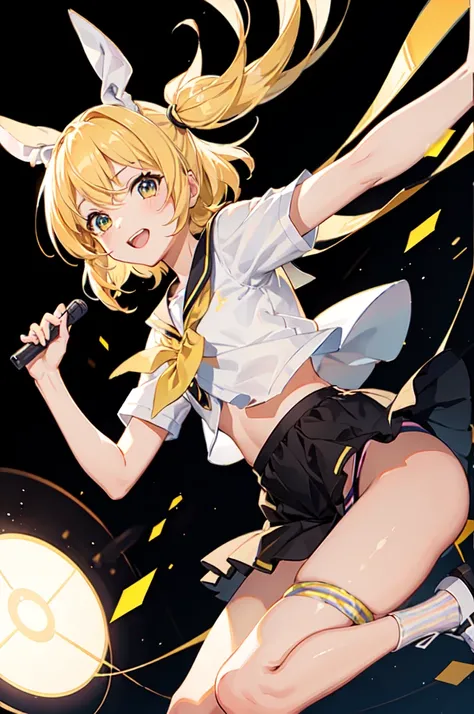 Highest quality ,masterpiece, One girl, Kagamine Rin , Hair Ribbon, bow, White shirt, Sailor collar, No shorts allowed, No pants, Without skirt, 
Fine and shiny eyes, Flat Chest, High resolution, wallpaper, 8K, Best lighting, Highly detailed illustrations
...