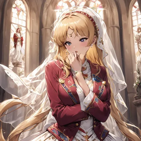 ((Highest quality)), ((masterpiece)), (detailed), （Perfect Face）、The woman is an Italian named Tsukino Usagi, and is wearing a gorgeous and dazzling Italian traditional Sardinian costume in an Italian church, a lavishly decorated velvet jacket, a long veil...