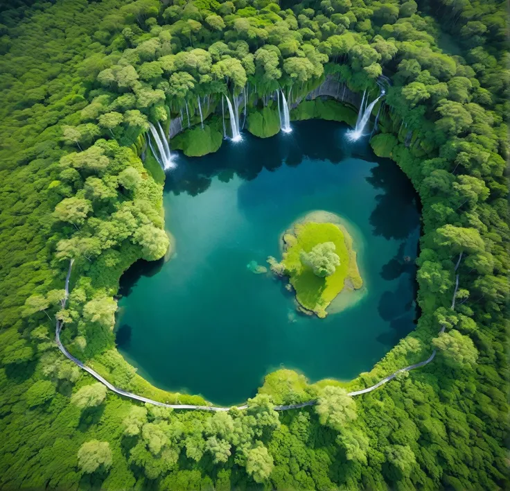 A deserted island photographed from the air, unusual shape, with waterfall and a small lake