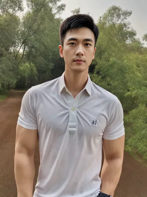 thai man ,man，he is about 30 years old.，rough and handsome appearance，big muscleuscleหน้าอกขนาดใหญ่，(white polo shirt park:1.3)，...