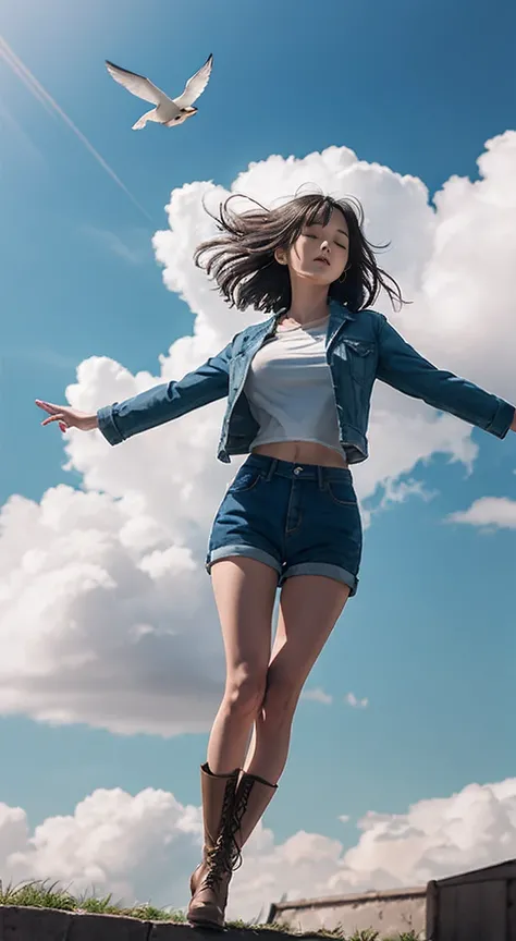 "Weathering with You," an anime-style illustration of a young woman flying among the clouds, with a blue sky in the background. Her long black hair is blowing in the wind, and she is wearing a blue jacket, white shirt, navy blue shorts, and black boots. Sh...