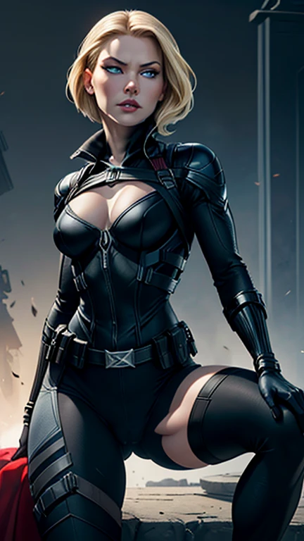 Jennifer Morrison as Black Widow, ((Masterpiece)); ((Natural Beauty)); ((Ultrarealistic blue eyes)); both eyes are similar; ((Ultrarealistic fair white skin)); ((Ultrarealistic small breasts A cup)); Deep Cleavage; ((Ultrarealistic blonde short  haircut ha...