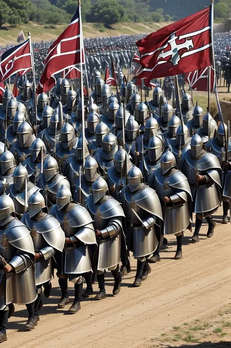 Generate me a crusader knights marching and carrying a flag with a word "TITANS" on it.