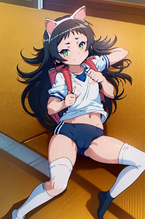 masterpiece, ultra quality, ultra sharp, ultra detailed, 1girl, solo, (((good anatomy))), haduki kurumi, (tattered torn dripping wet white gym shirt), navy gym pants, animal ears, randoseru, name tag, Japanese anime pose, laugh, BurumaShorts, Buruma, Gym U...