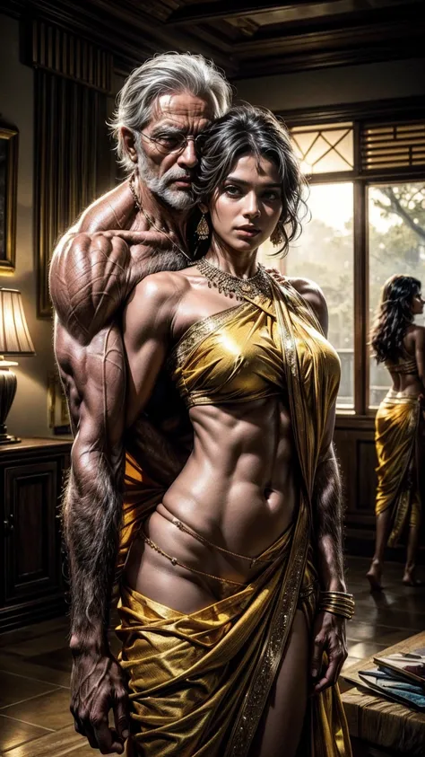 muscular shirtless old man, sexy hot dark skinned indian model girl, girl in tight sexy hot yellow silk saree, body view, high quality, 8k, photorealistic, cinematic lighting, dramatic portrait, chiaroscuro, breathtaking, masterpiece, kissing