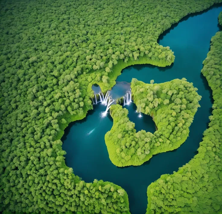 A deserted island photographed from the air, unusual shape, with waterfall and a small lake