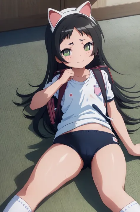 masterpiece, ultra quality, ultra sharp, ultra detailed, 1girl, solo, (((good anatomy))), haduki kurumi, (tattered torn dripping wet white gym shirt), navy gym pants, animal ears, randoseru, name tag, Japanese anime pose, laugh, BurumaShorts, Buruma, Gym U...