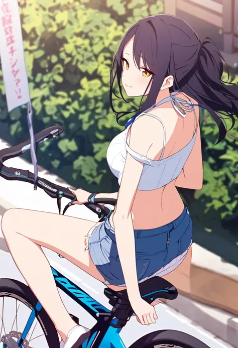 a girl sitting on top of bicycle, denim miniskirt, white panties,
