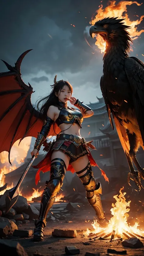 Mythological masterpiece, 26 year old Korean girl wearing a black warrior outfit complete with armor tightening her hands holding an amazing glowing bow blood flame wings carcass bloody face, standing on the head of a huge bird monster a huge black flame w...