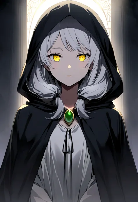 She has a youthful appearance with yellow eyes. she wears her silver hair loose except for four portions that she has tied at the base. Her bangs, which frame her face, have also been tied off at the bottom. She wears a loose white top with a green brooch ...