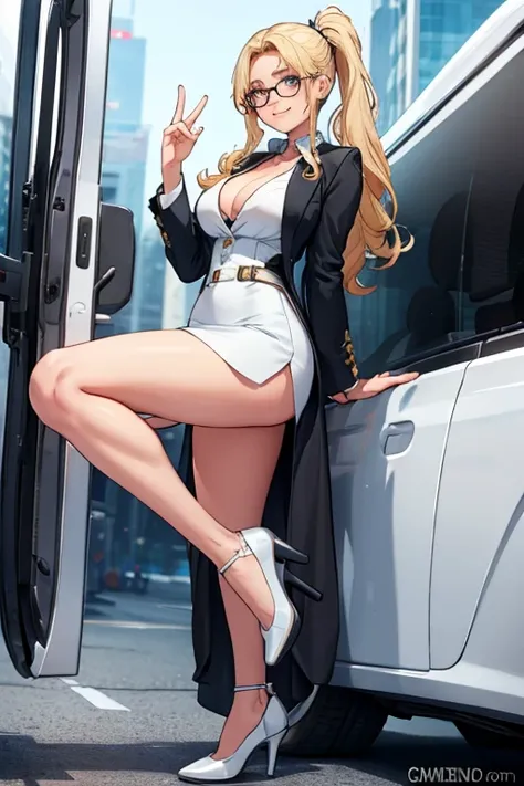 female, blonde long hair in ponytail, blue eyes, (((1girl))), (((white business suit))), (black dress shirt), (white pencil skirt), (black stockings), (white heels), (glasses), cute and sexy, full body, modest breasts, long legs, smiling, slight cleavage