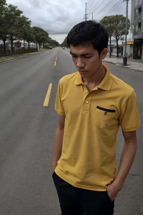 A young man in a yellow polo shirt stood on the side of the road with a serious expression., looking into the distance Turn your head slightly.，Cloudy day, coffee shop