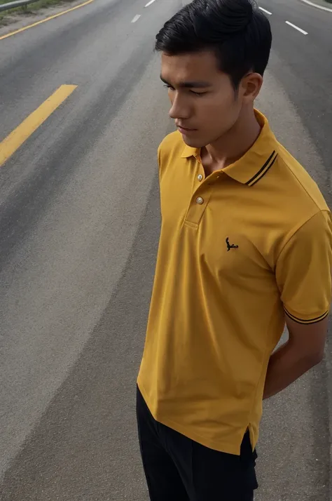 A young man in a yellow polo shirt stood on the side of the road with a serious expression., looking into the distance Turn your head slightly.，Cloudy day, coffee shop