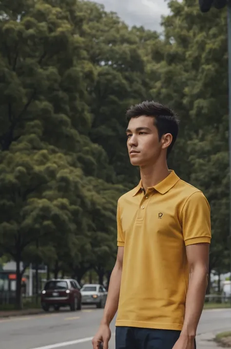 A young man in a yellow polo shirt stood on the side of the road with a serious expression., looking into the distance Turn your head slightly.，Cloudy day, coffee shop