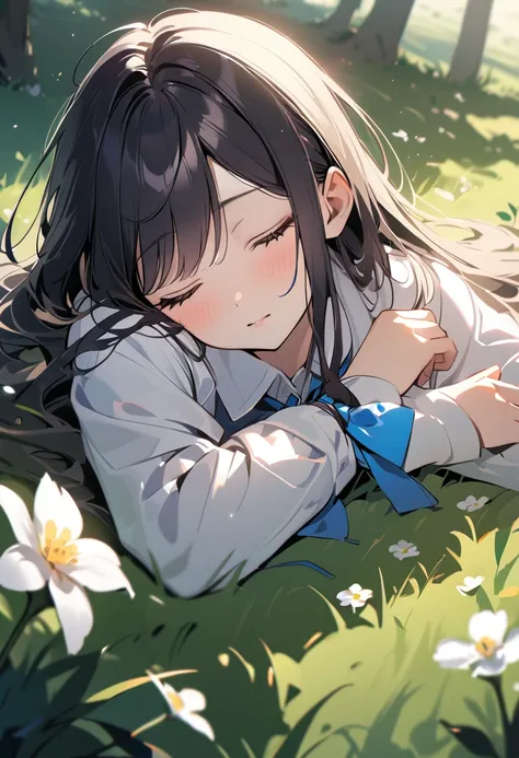 1 girl, long hair, black hair, straight hair, short bangs above brows, blue eyes, sleeping, closed eyes, (lying on grass, on stomach:1.2), 
BREAK (masterpiece), (high resolution 8K), cinematic lighting, professional lighting, detailed eyes and face, detail...