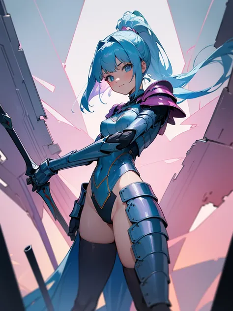 CorqueLans, pink armor, high-cut_armor, high-leg-cut_armor, high-leg-cut_leotard, Removable armor, long hair, light blue hair, ponytail, half smile, rétro game,