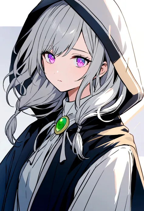 She has a youthful appearance with violet eyes. she wears her silver hair loose except for four portions that she has tied at the base. Her bangs, which frame her face, have also been tied off at the bottom. She wears a loose white top with a green brooch ...