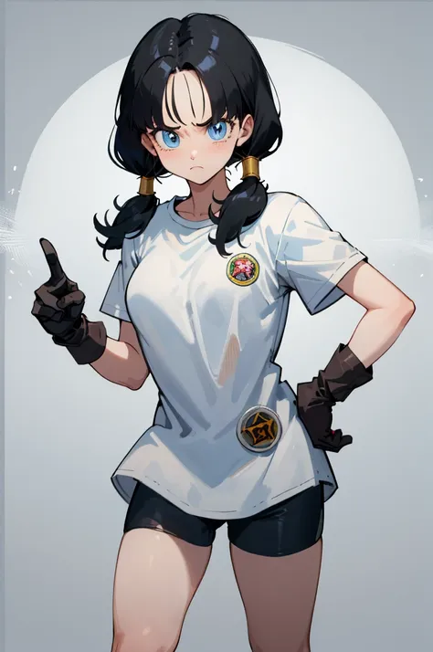 masterpiece, best quality, highres, videl2, solo, blue eyes, black hair, twintails, black gloves, bike_shorts, bangs, white shir...