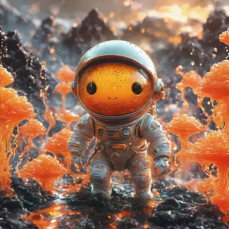 best quality, very good, 1.60,000, ridiculous, extremely detailed, cute slime astronaut，made of translucent boiling lava, backgr...