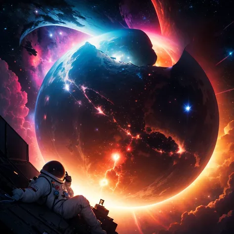 A lone astronaut in a spacesuit floats、A stunning detailed illustration of the Orion Nebula、Surreal、8K、High resolution、masterpiece、Cinematic lighting、Dramatic atmosphere、Glowing celestial bodies、Bright colors、Deep Universe、Nebula Cloud、Space Landscape、Awe-...