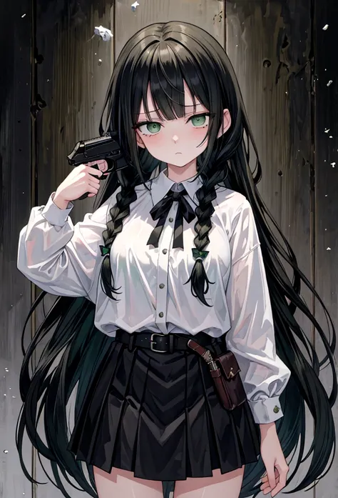 masterpiece, best quality, g2h, gun to head, handgun, holding gun, cowboy shot, 1girl, cold eyes, distant, blank stare, expressionless, empty eyes, no expression, apathetic, green eyes, very long tri braids, black hair
