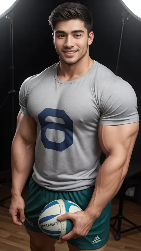 ((Highest quality, 8K, Masterpiece: 1.3))、Thailand Laos Burma Asia,  A handsome Asian rugby player with short hair, a muscular beard, and big muscles., １A man who has、 yo、Good appearance、Beautiful nose、smile、 Detailed eyes and face、beautiful light、(studio)...