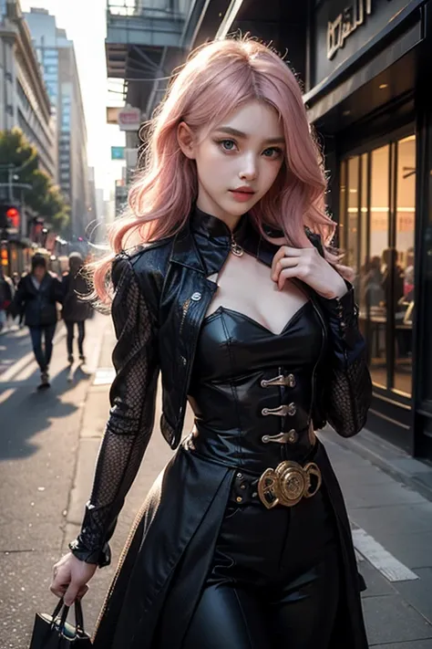 Light pink hair, blue eyes,  Champs Elysees, Vibrant colors, steampunk　Costume、 Sunset behind, Ray Tracing, Wavy long hair、shopping、1 female、