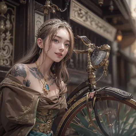 Ride an Antique Bicycle on Baker Street 、Hair flow、 ((Highest quality、masterpiece、8K、Best image quality、Ultra-high resolution、Award-winning works)、(Accurate anatomy:1.1)、(Look at me and smile:1.1)、Shining fair skin with Ultra-high resolution、The most detai...