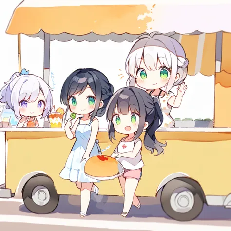 watercolor painting, three girls, drinking tapioca in front of a food truck, one girl has short black hair, a tank top and short...