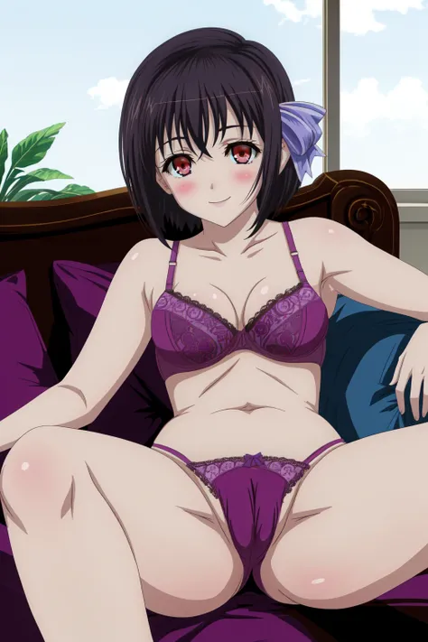 [[anime styled]],[[digitalart]],masterpiece,best quality,Tomomi_Xijing,(red eyes),black hair,bob cut,Short hair,Hair Ribbon,(midium build),NSFW,1girl,((sitting on the couch,reclining)),face focus,short torso,[perfect anatomy],,((nude)),((purple floral lace...