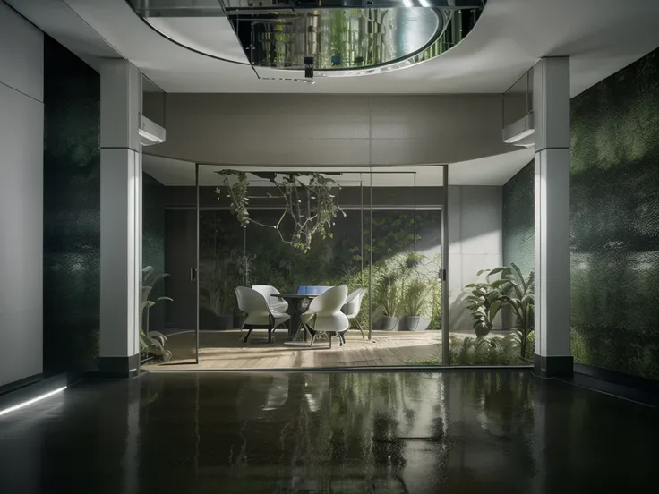 minimalist panoramic shot of a interior lab mixing technology and a subtle garden design, ultra realist, amazing design, interio...