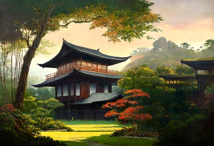 painting landscape of a big tropical forest with medieval japanese building in background, one home, trees, vines, beutiful land...