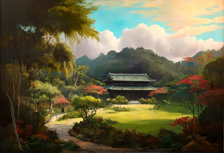 painting landscape of a tropical forest with medieval japanese building in background, trees, vines, beutiful landscape, full of...