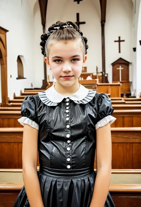 a tween in hard makeup, in old dress, retro punk hairstyle, in church, rain, soakingwetclothes, 70's photo style