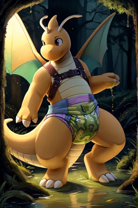 A Dragonite femboy wearing a urine camouflage harness and diaper and white socks while soaking wet in a magical forest in the dark within a blazing swamp 