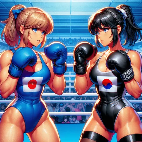 nsfw , on the beach boxing ring ,   small woman and big woman , fullbody shot , wear monokini swimsuit with pantyhose , female b...