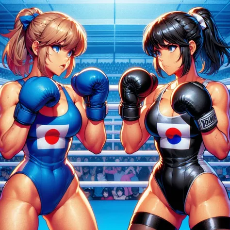 NSFW , on the beach boxing ring ,   Small woman and big woman , Fullbody shot , Wear Monokini swimsuit with pantyhose , Female boxing Face to face, huge breasts.