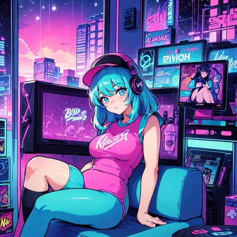 (masterpiece), highest quality, expressive eyes, neon pastel aesthetics, retro 90s, neon color,((girl sitting on sofa,in a cozy ...